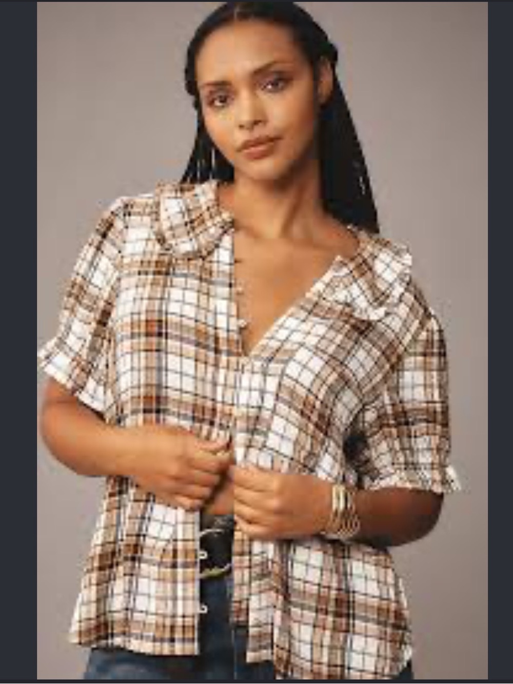 Pilcro Brown and Cream Plaid Button-Front Blouse small button down